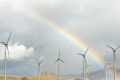 Scenic view of rainbow over windmills against cloudy sky