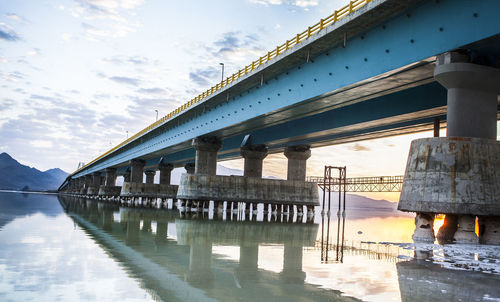 Bridge over river by building against sky