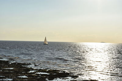 Sailboat sailing on sea against sky during sunset