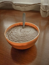 High angle view of tea in bowl on table