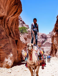 Boy standing on camel at desert against sky