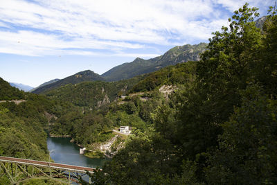 Scenic view of river by mountains against sky