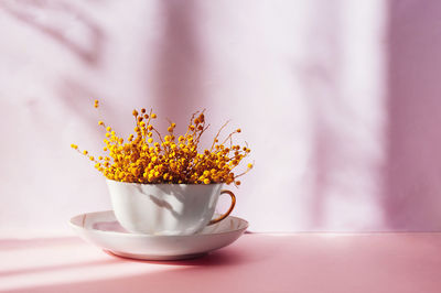 Close-up of yellow flower on table