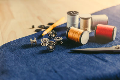 High angle view of objects on table