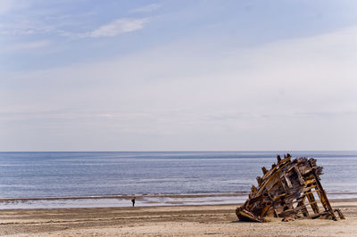 Stack of logs on beach against sky