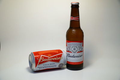 Close-up of bottle on table against white background