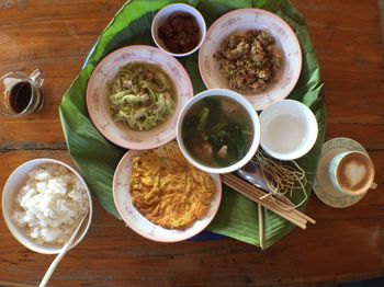 High angle view of meal served on table