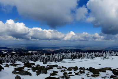 Snow covered landscape against sky