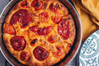 High angle view of pizza on table