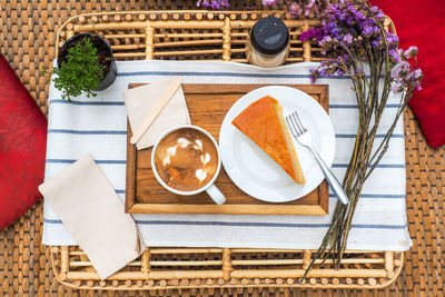 High angle view of breakfast served on table