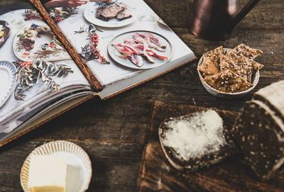 High angle view of dessert on table