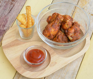 High angle view of food in plate on table