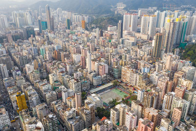 High angle view of modern buildings in city