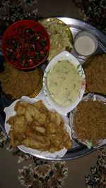 High angle view of food served on table