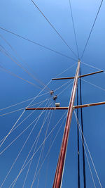 Low angle view of electricity pylon against blue sky