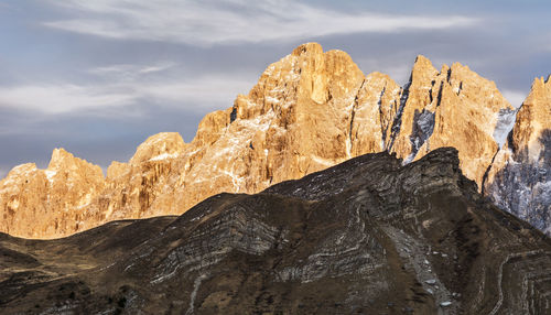 Rock formations on mountain against sky