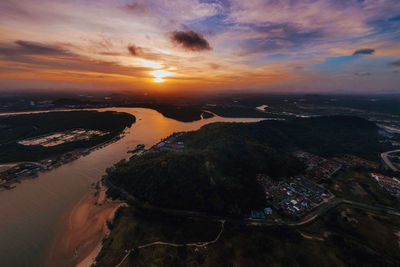 Aerial view of city during sunset