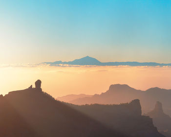 Scenic view of silhouette mountains against sky at sunset