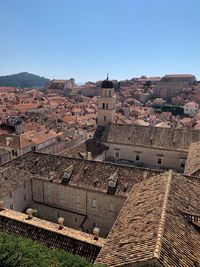 High angle view of townscape against clear sky