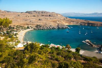 High angle view of boats in sea