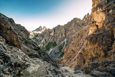 Tre cime unique landscape from cadini di misurina, dolomite alps, italy