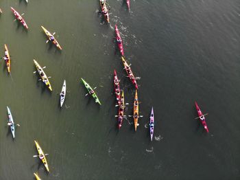 High angle view of boats in river