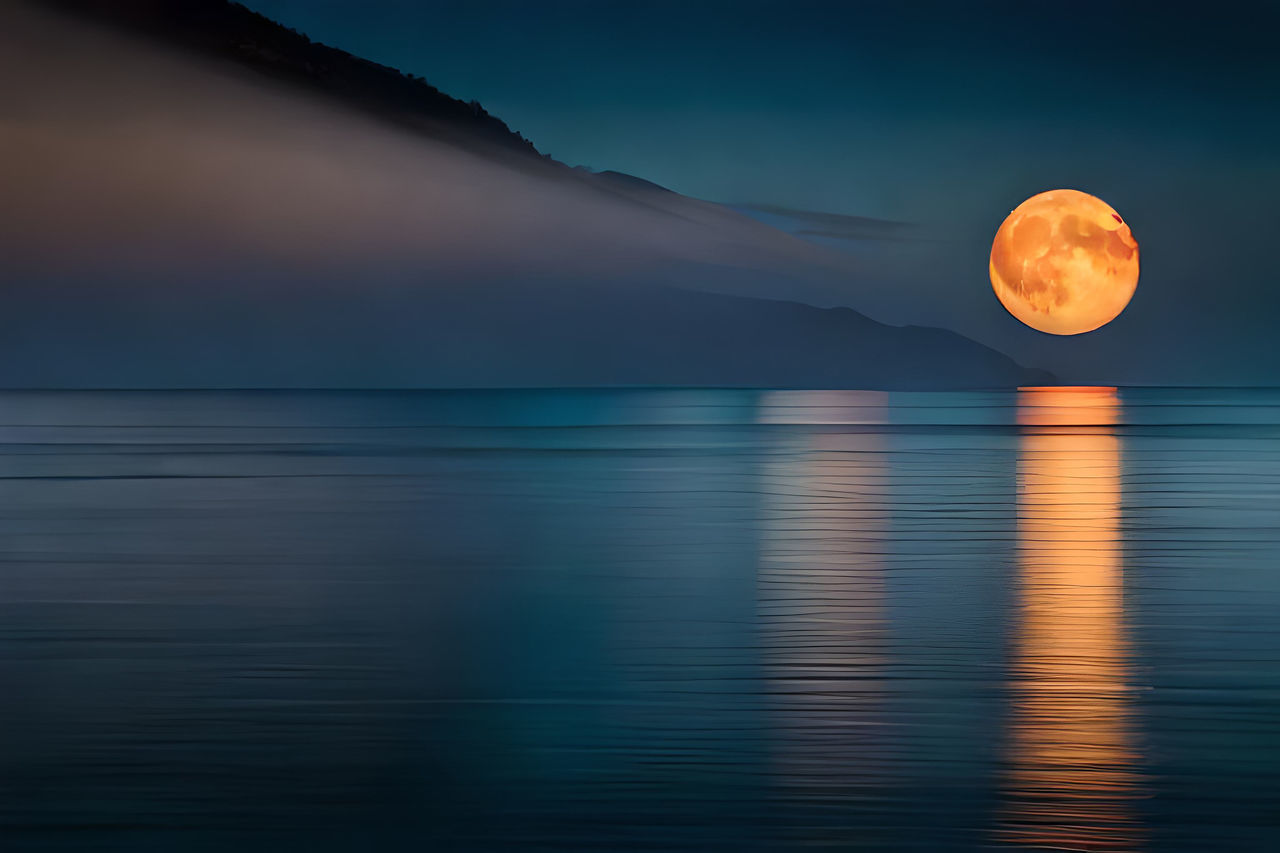 reflection, water, sky, moon, scenics - nature, horizon, beauty in nature, full moon, sea, tranquility, moonlight, tranquil scene, ocean, nature, sunlight, sunrise, no people, morning, dawn, light, cloud, idyllic, astronomical object, outdoors, horizon over water, land, circle, mountain, astronomy, wave, space, geometric shape, beach, sun, dramatic sky