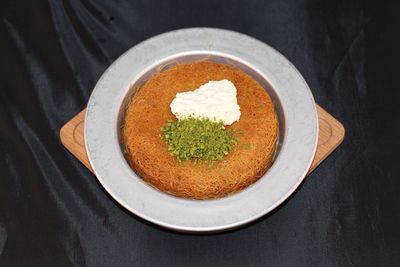 High angle view of dessert in bowl on table