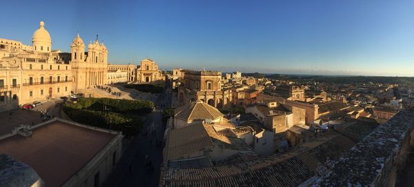 High angle view of buildings against sky