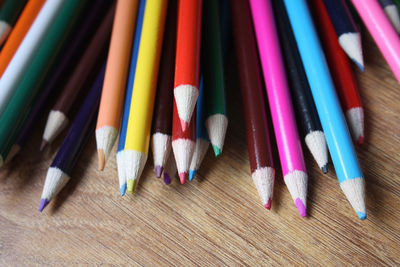 High angle view of colorful pencils