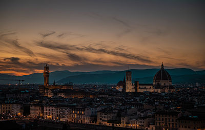 High angle view of city at sunset