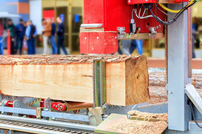 Close-up of equipment with timber outdoors