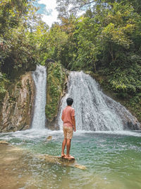 Rear view of man standing against waterfall in forest