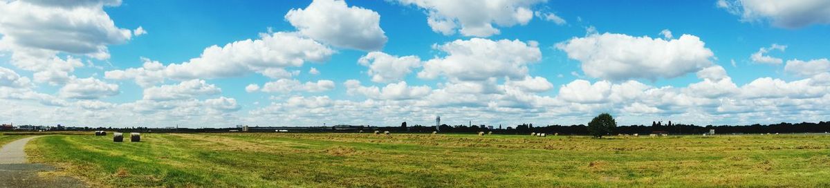 Panoramic view of agricultural landscape against sky