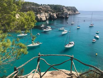 High angle view of sailboats moored in sea