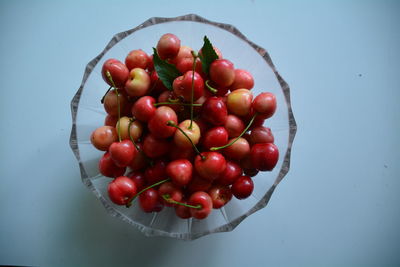 Close-up high angle view of cherries in bowl