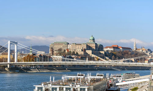 Bridge over river in city against clear sky