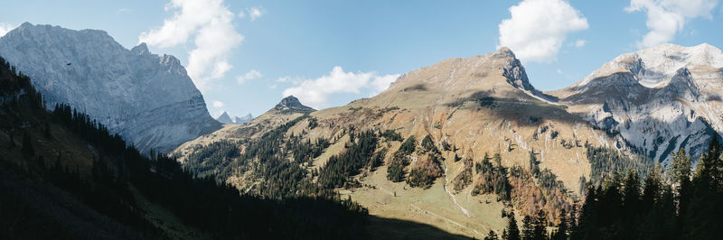 Panoramic view of snowcapped mountains against sky