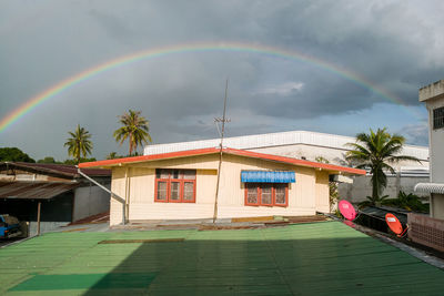 Scenic view of rainbow over building against sky