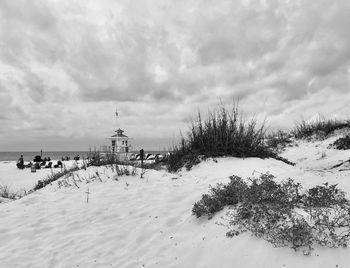 Scenic view of snow covered field against sky