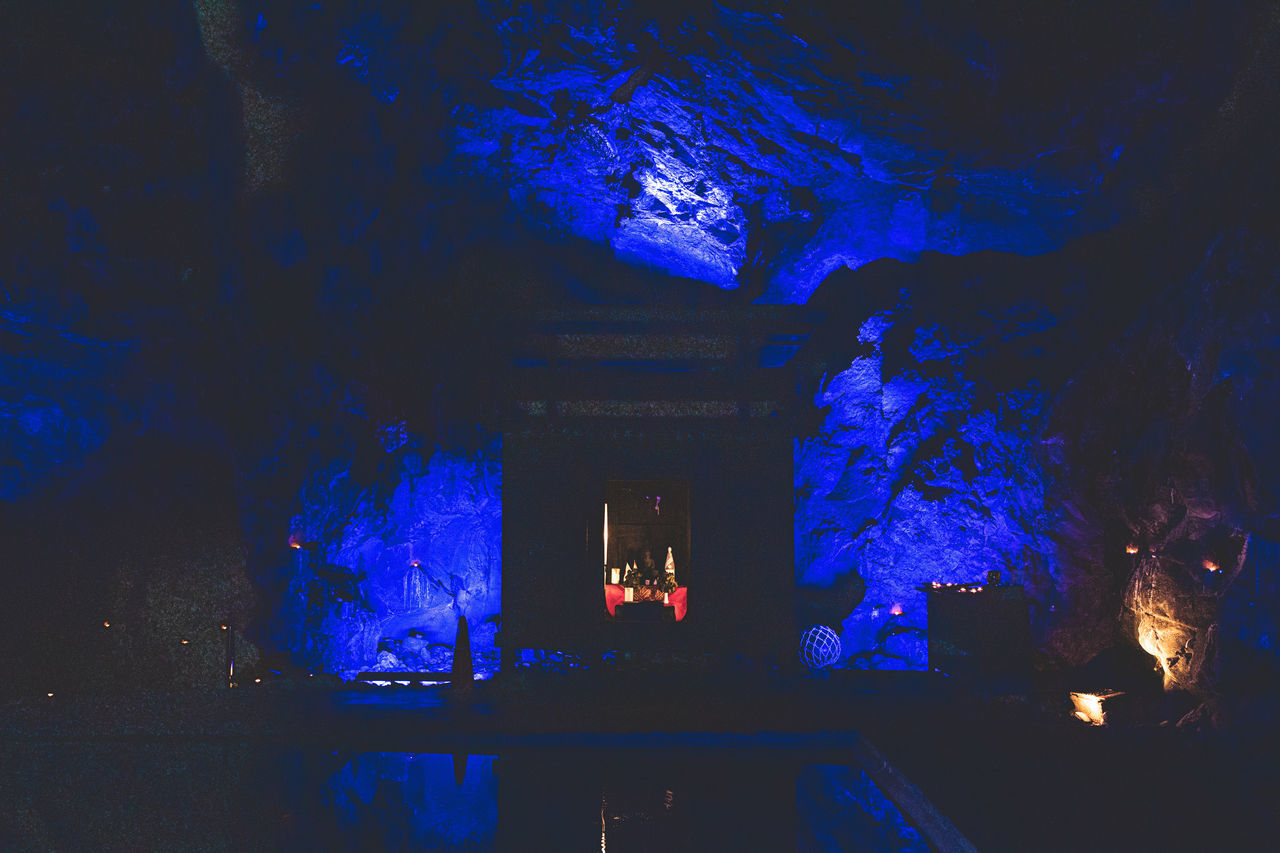 light, darkness, cave, blue, architecture, night, illuminated, tree, built structure, nature, screenshot, indoors, no people