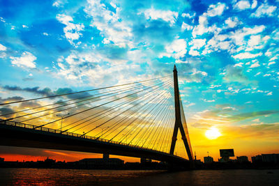 Low angle view of suspension bridge against sky during sunset