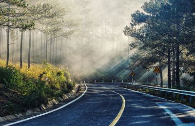 Road amidst trees in forest during rainy season