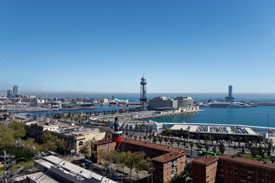 High angle view of cityscape against clear blue sky