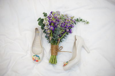 High angle view of flower bouquet on white table