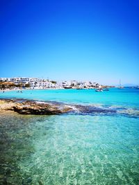 Scenic view of sea against clear blue sky