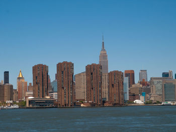 Modern cityscape by river against clear sky