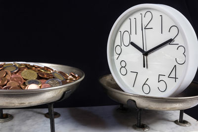 Close-up of clock on table against black background