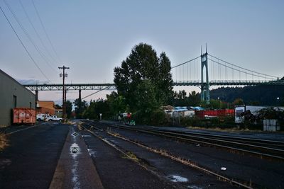 Railroad tracks by road against clear sky