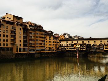 Bridge over river by buildings against sky in city